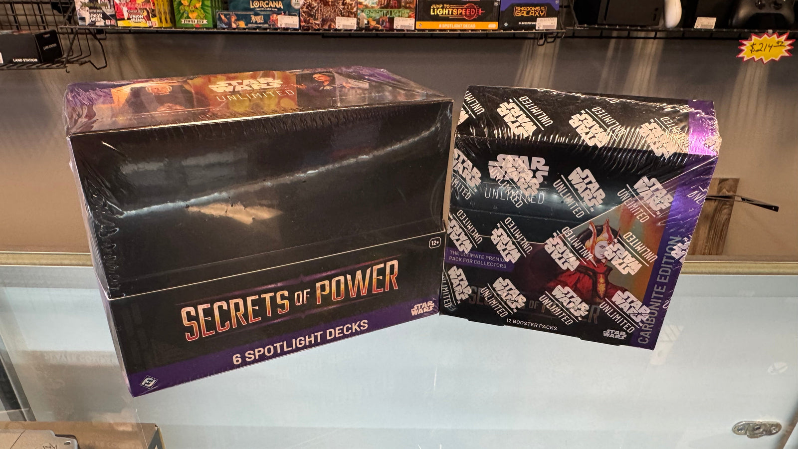 Star Wars Unlimited trading card game boxes on display at 8-Bit Legends Video Games store in Jonesboro Arkansas